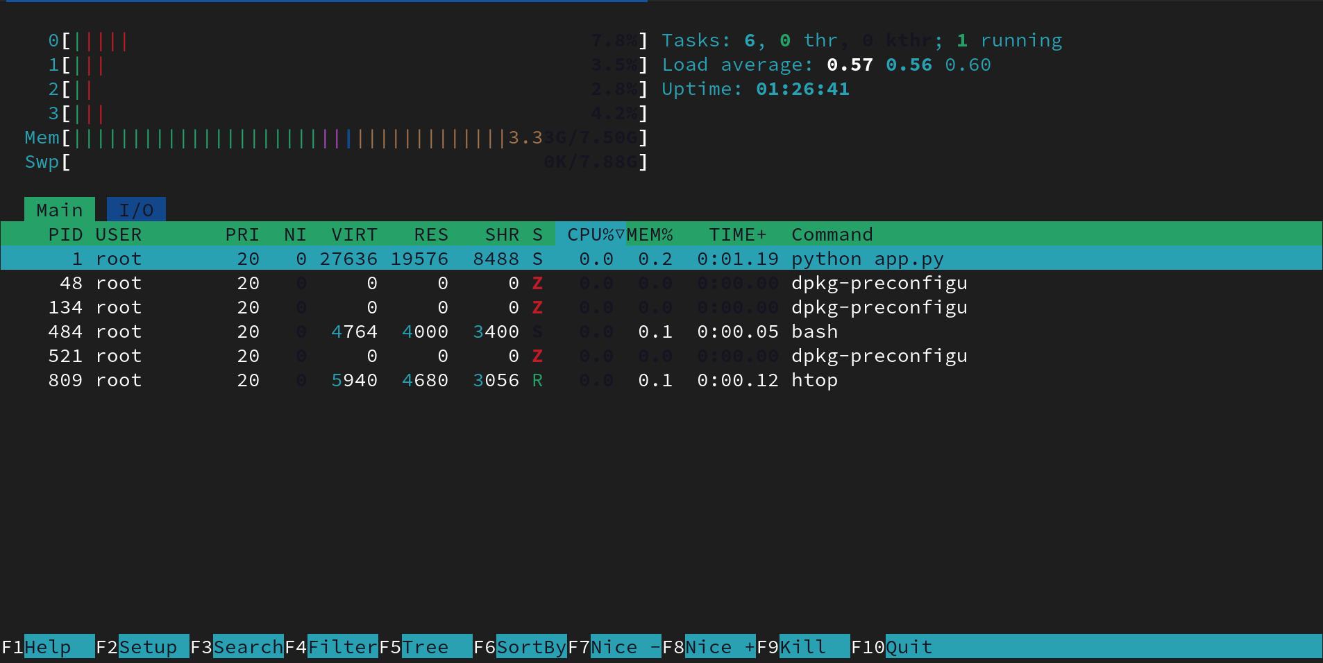 htop running inside Docker container
